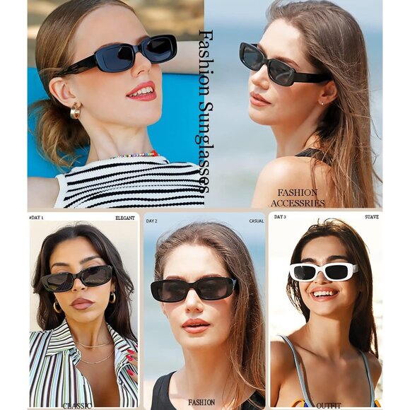 Trendy Rectangle Black Beige Sunglasses Women Men Retro Square Fashion Shades - Picture 3 of 5